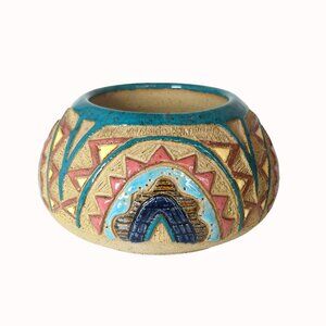 Vintage Studio Art Etched Pottery Short Vase Bojo Rainbows SIgned BW